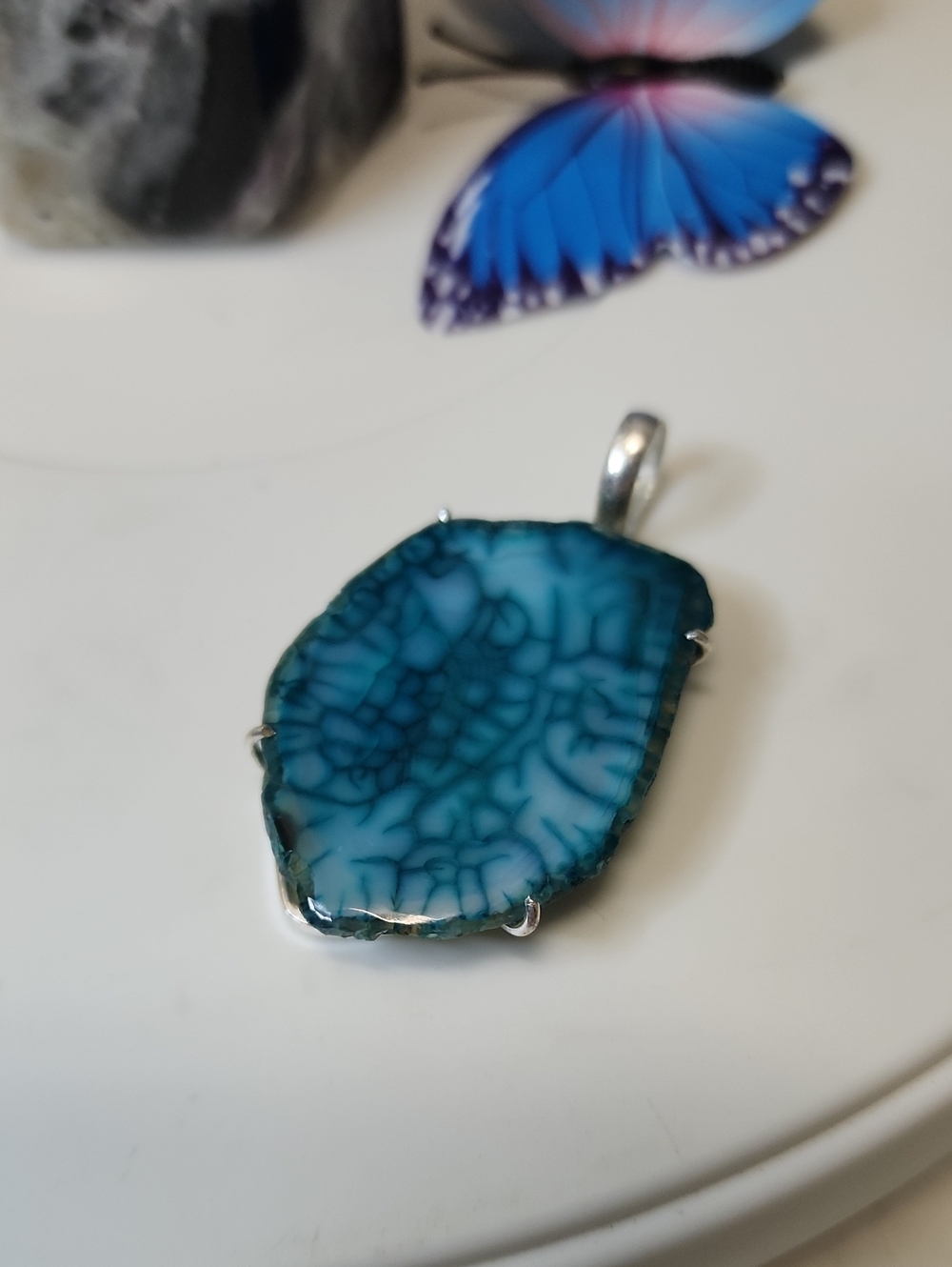 Blue Agate Slice Pendant Necklace -